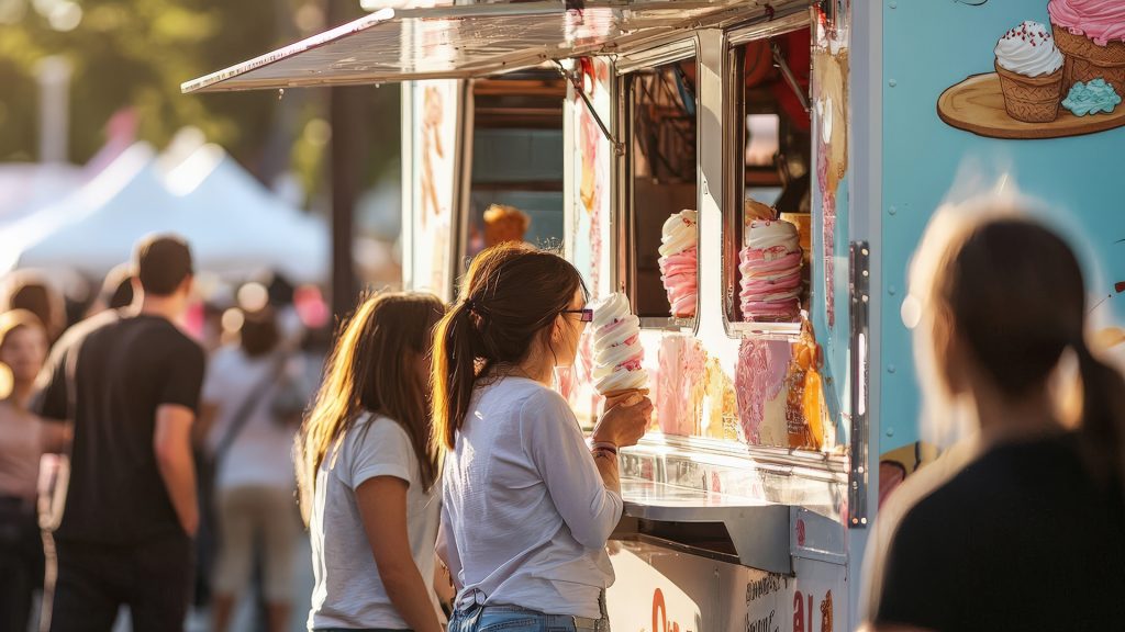 A food truck serving ice cream with a long line of festival attendees