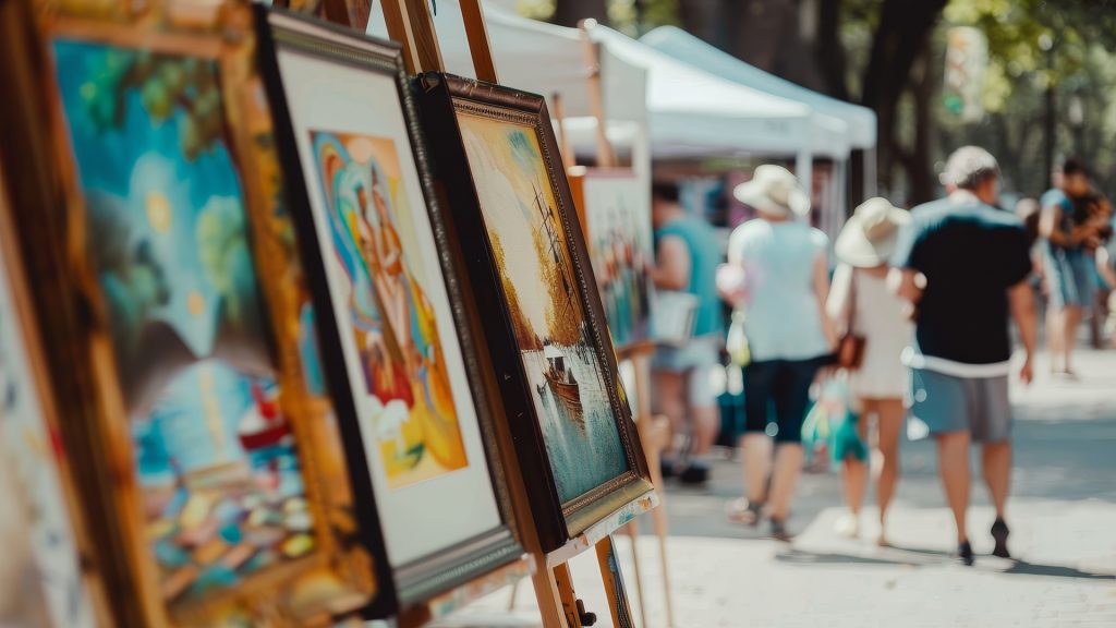 People enjoy artwork at an art festival in a downtown park in a blurry photo