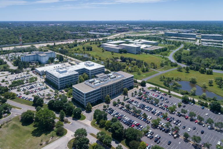 Aerial view of an office park near a tollway in a suburban city near Chicago, Illinois.