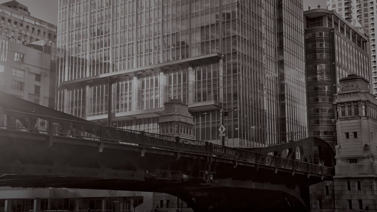 Greyscale image of Chicago skyline buildings